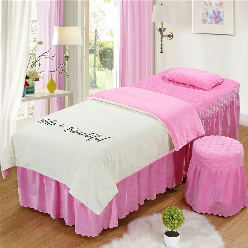 

Beautiful Salon Bedding Sets Massage Spa Use Solid Color Embroidery Round Head Square 70x190cm Bed Skirt Dropshipping