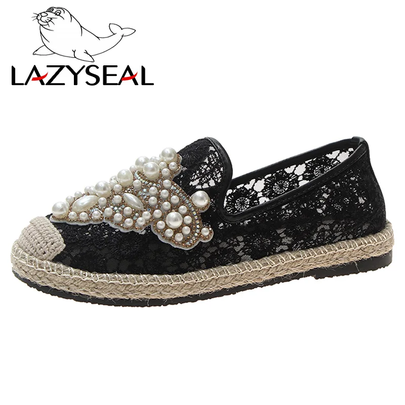 LazySeal/летние женские лоферы с круглым носком; Espadrilles; обувь из сетчатого материала с перламутровым верхом и кружевом; удобная женская обувь из пеньки; слипоны; zapato mujer - Цвет: Black (Flats)