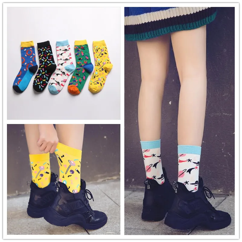Женские модные носки в стиле Харадзюку, уличная мода, художественные носки, забавные, Ретро стиль, Ван Гог, рисунок еды, хип-хоп, скейтборд, длинные носки, Meia