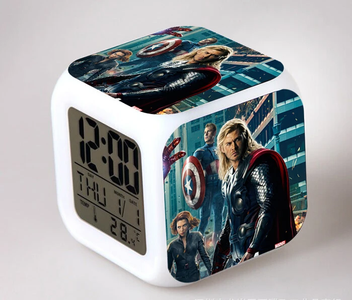 Marvel Мстители изменение цвета светодиодный Будильник фигурка Капитан Америка Железный человек цифровой Куб декор Освещение игрушки