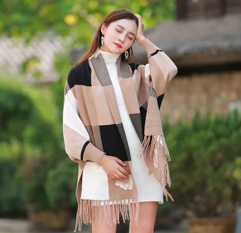 Female autumn and winter large plaid shawl dual-use cloak tassel double-sided jacquard bat sleeve sweater jacket