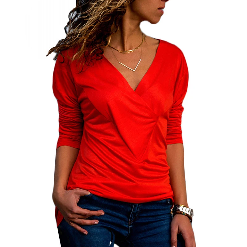 

XXL Spring V-neck Shirts for Women Casual Office Ladies Solid Autumn Long Sleeve Blouses Female Tops Blusas Gray Blue Red Black
