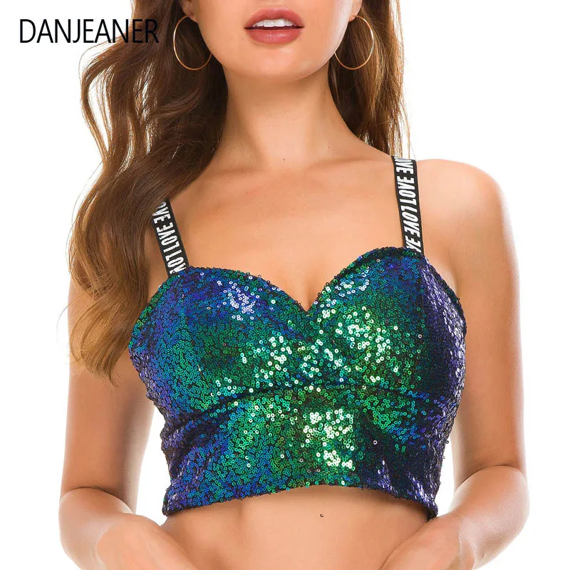 

DANJEANER Sexy Sequined Navel Letter Camisole Top DS Performance Costume Hip Hop Ds Performance Wear Cheerleading Dance Costumes