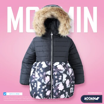 

Moomin winter girls Jacket 2015 new fashion Casual Zipper Hooded MOOMIN warm coat Geometric black Broadcloth girls parka