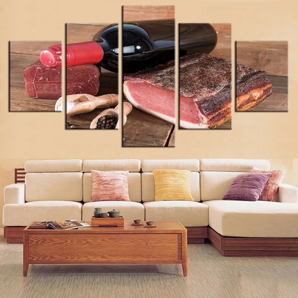 

Embelish 5 Pieces Red Wine And Meat Kitchen Decor Wall Art Modular Pictures HD Canvas Painting Modern Home Decor Food Restaurant