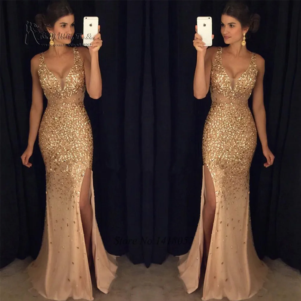 Green Gold Crystals Evening Dresses Long Mermaid Prom Dress 2017 Formal Special Occasion Gowns Criss-Cross Split Robe de Soiree