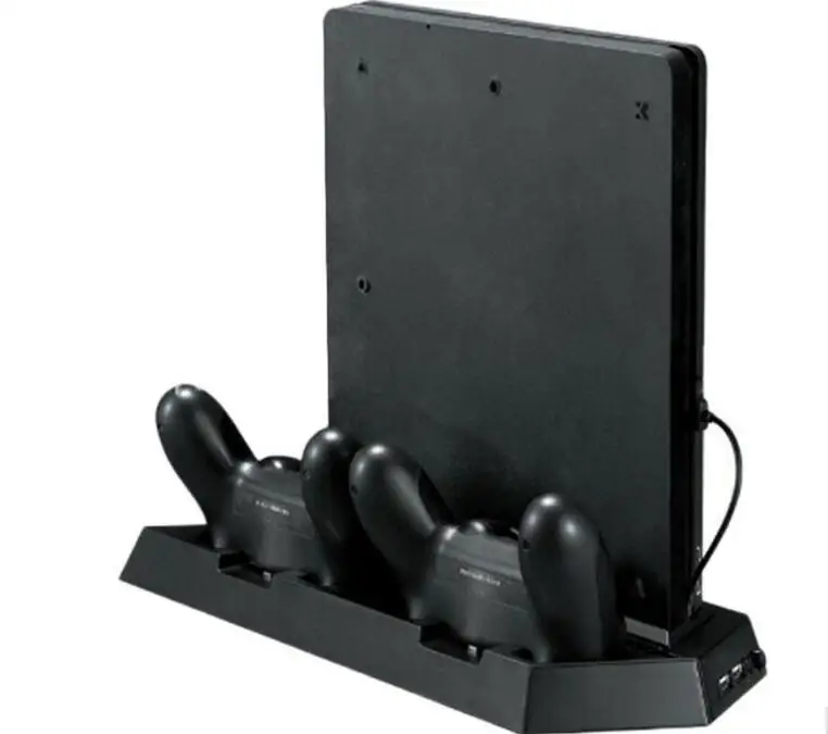 Vertical Game Console Stand with Cooling Fan Dual Gaming Controller Gamepad Charging Station Holder for PS4 Slim Console