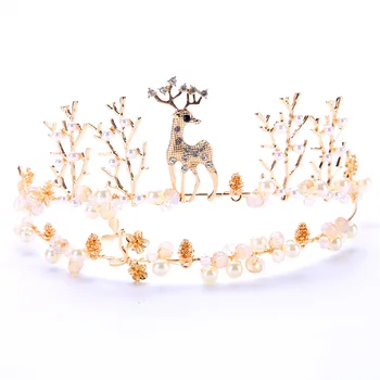 

FORSEVEN Gold Color Crystal Tiara Deer Decoration Princess Hair Ornament Women Fashion Beads Hair Jewelry Christmas Gifts