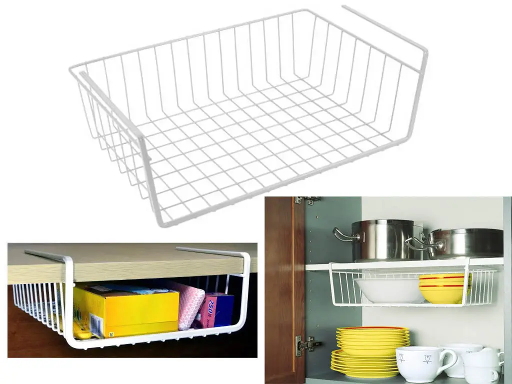 Silver Under Shelf Table Storage Basket Racks Kitchen Bathroom Wire