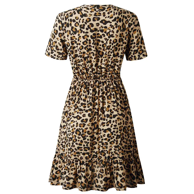 Сексуальное хлопковое леопардовое платье с глубоким v-образным вырезом и коротким рукавом для женщин летнее Мини платье Vestidos