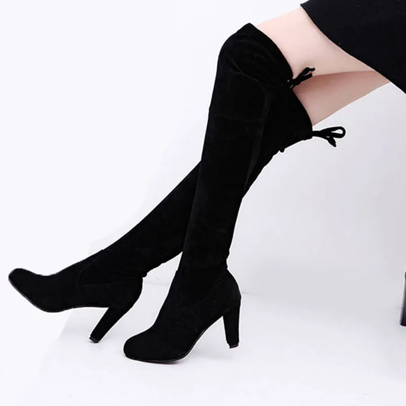 

Winter Women Boots Flock Leather Women Over The Knee Boots Lace Up Sexy High Heels Autumn Woman Shoes