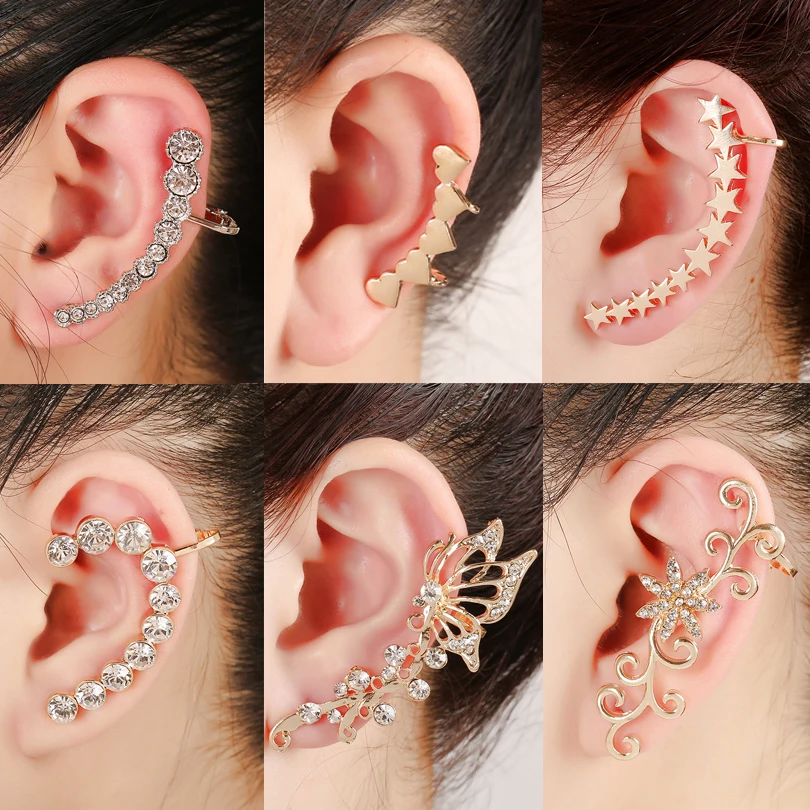 

Fashion Inlaid Crystal Flower Star Heart Ear Cuffs Leaves Simple Shaped Zircon Ear Clip Earring Left Right Ear Jewelry For Women