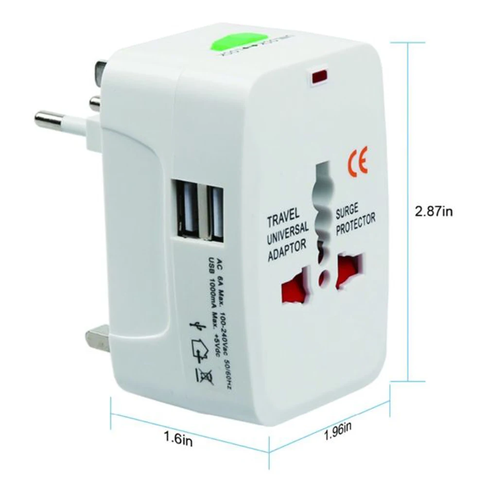 Adaptador de enchufe internacional Universal todo en uno 2 puertos USB adaptador de cargador de corriente alterna para viaje mundial con AU US UK la UE convertidor de enchufe