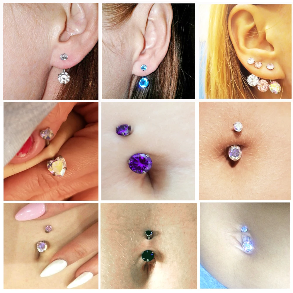 

1PC Double/Single Zircon Belly Button Rings Piercing Navel Bars Stud Silver Ear Tragus Cartilage Helix Piercings Jewelry