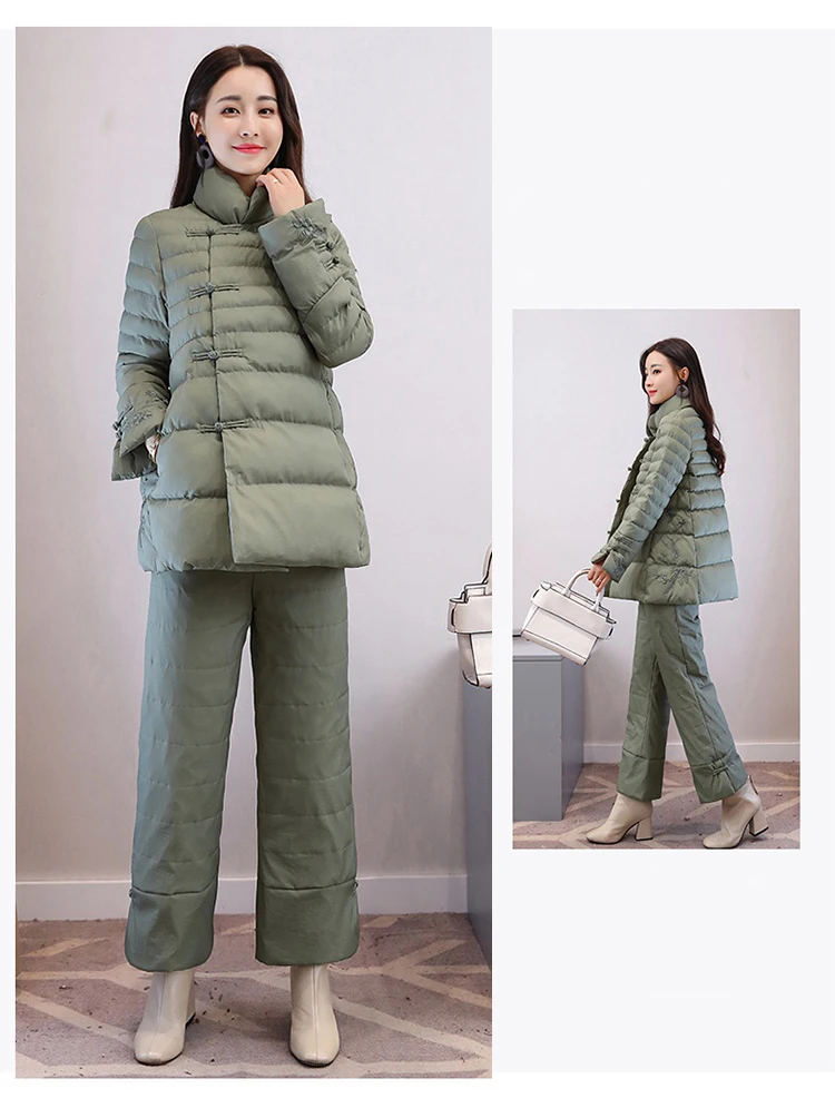 Женский комплект из двух предметов, зимний теплый пуховик, штаны-парка, Женская винтажная куртка с расклешенными рукавами, Женский костюм с вышивкой, пальто размера плюс, 3XL, B48