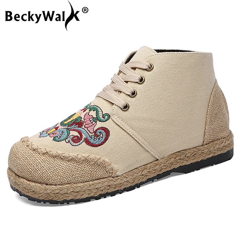 

BeckyWalk Round Toe Lace-Up Ladies Flats Women Shoes Embroidered Cotton Linen Canvas Shoes Spring Autumn Casual Sneakers WSH3018