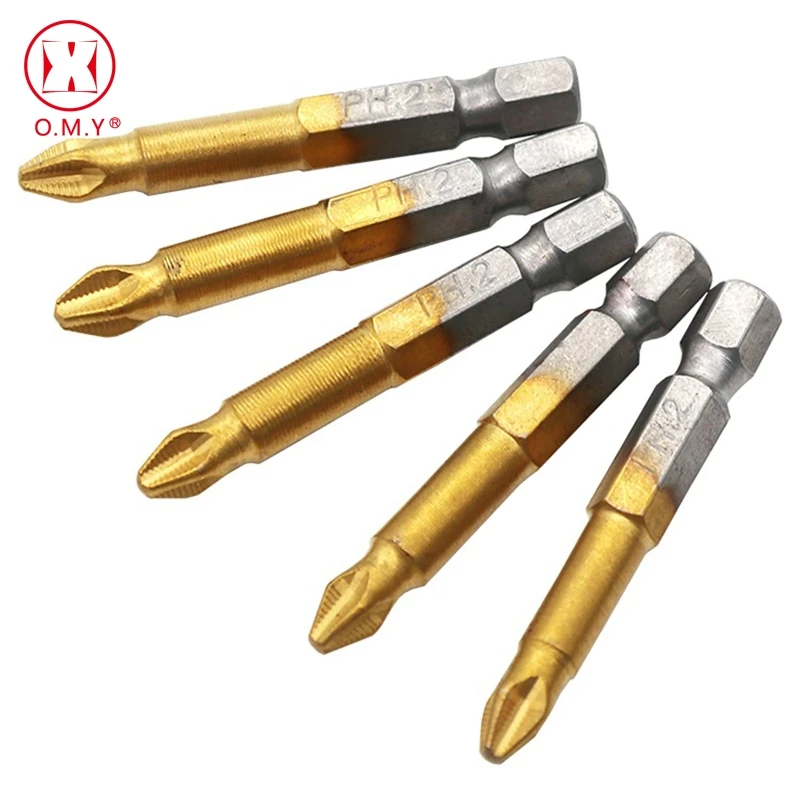 

OMY New 5pc 1/4" Hex Magnetic Anti Slip Long Reach Titanium Electric Screwdriver Bits PH2 Length 50mm Single Side Power Tools