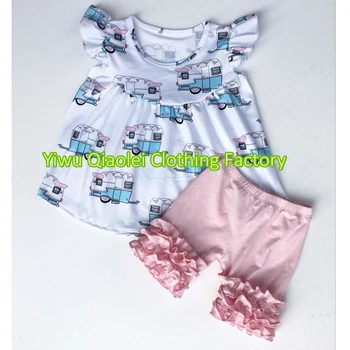 

Summer camper car design outfits baby sleeveless pearl style clothing sets hot sale girl outfits