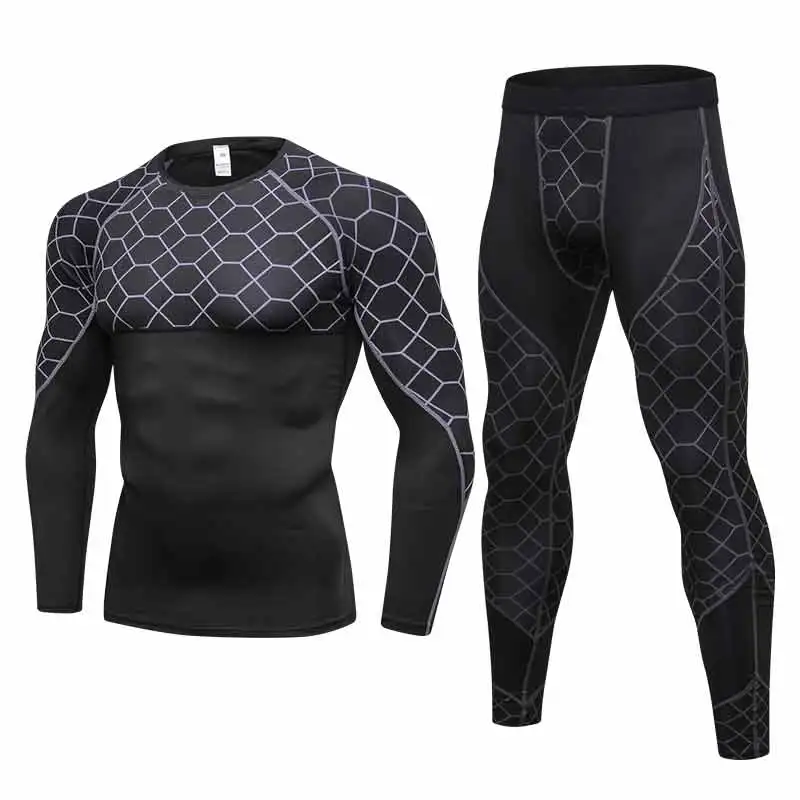 

High Elastic Mens Sports Suits Bodybuilding Grid Long Shirts And Pants Running Set Men Gym Clothing Quick Dry Men's Sportswear
