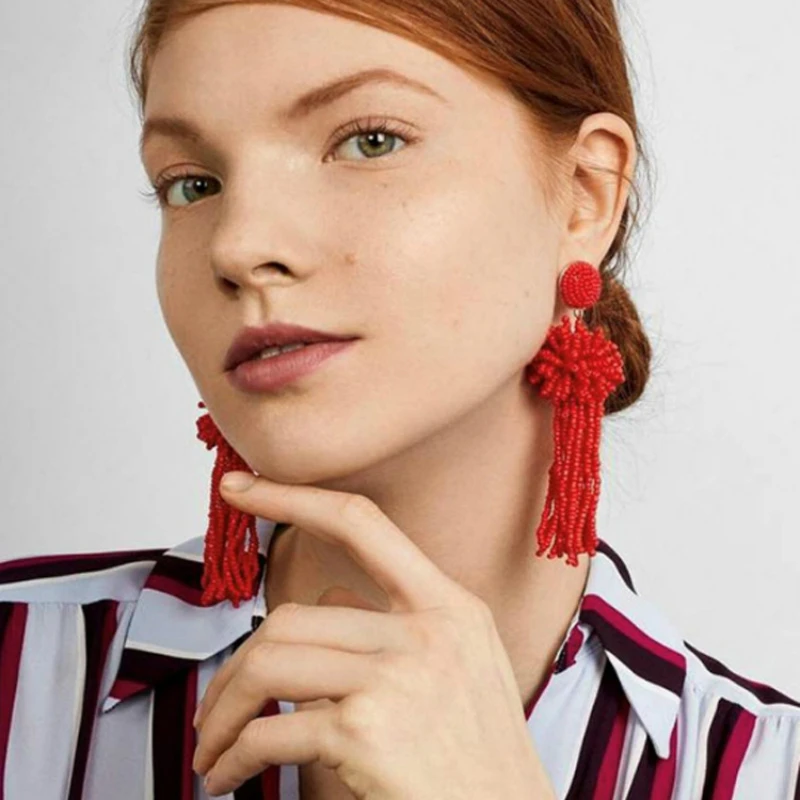 

4 Colors Beads Tassel Flower Drop Earrings Fashion Design Bohemian Fringed Statement Dangle Earrings for Women Jewelry Wholesale