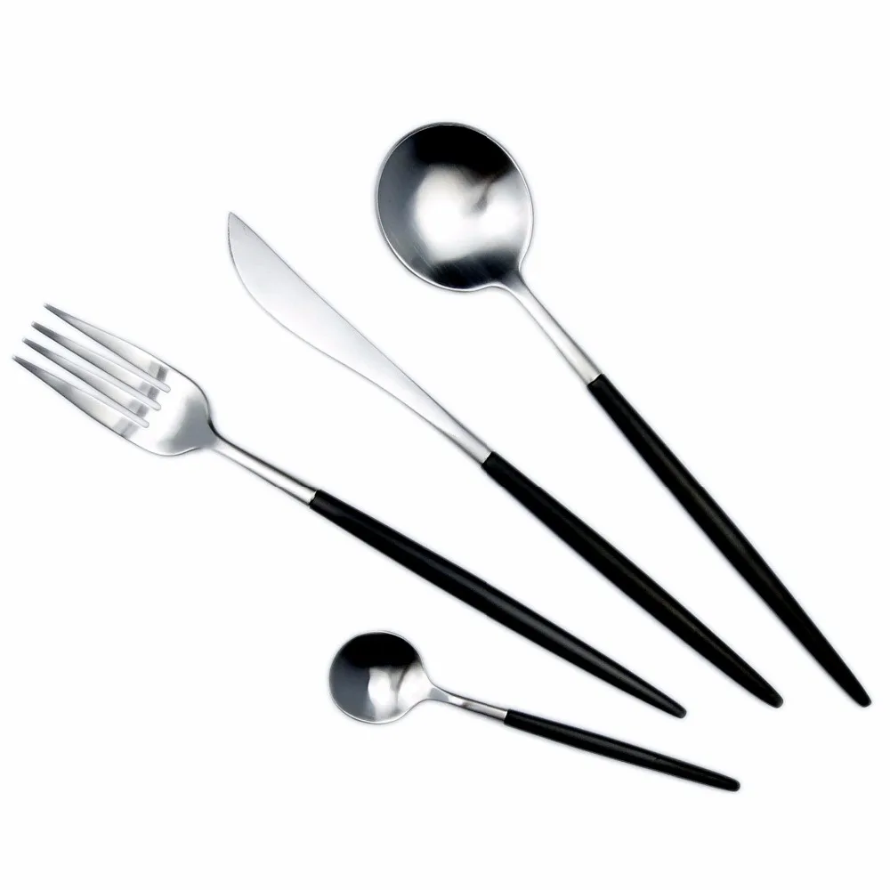JANKNG 24Pcs/ Lot Black Handle Stainless Steel Dinner Cutlery Matte