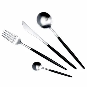 

JANKNG 24Pcs/ Lot Black Handle Stainless Steel Dinner Cutlery Matte Silverware TeaSpoon Fork Knife Dinnerware Tableware for 6