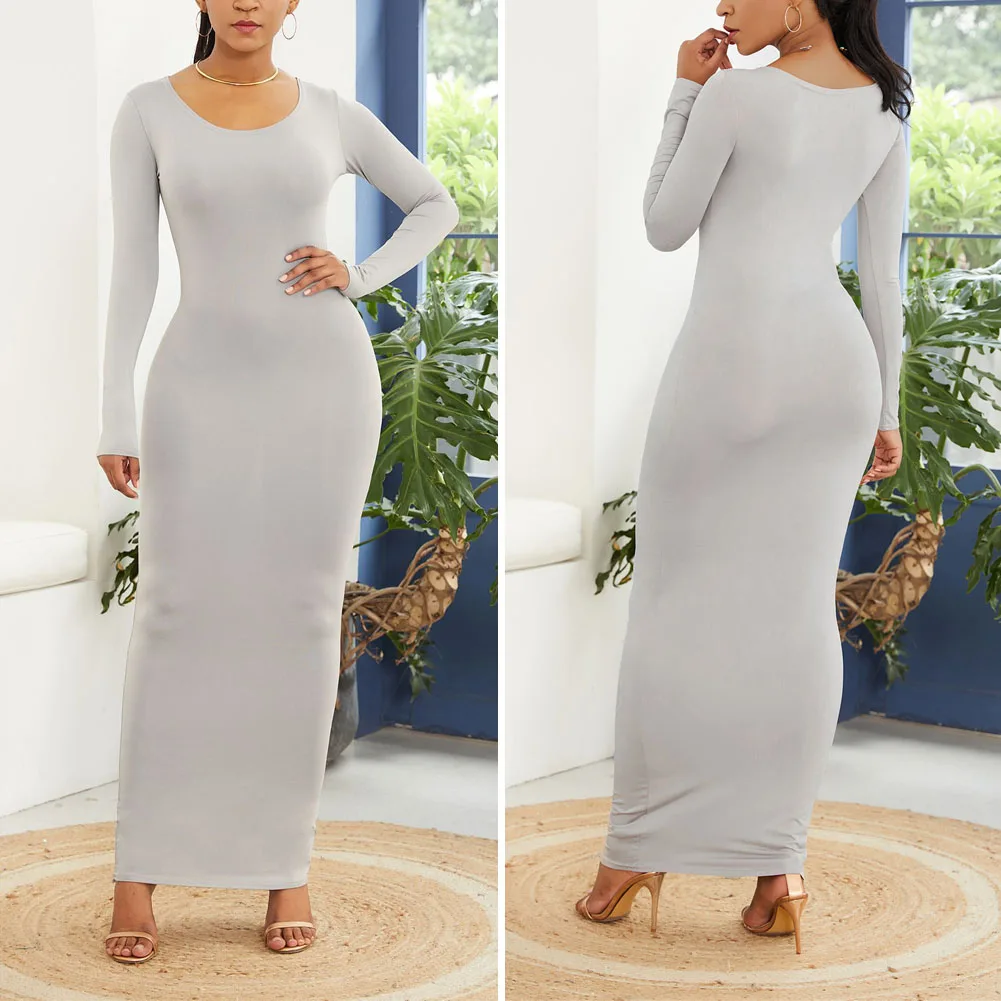 

Women Long Sleeves Dress Round Neck Elastic Slim Fit Solid Color Dress for Spring Popular