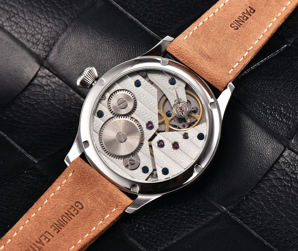 Поступление механические наручные часы с ручным заводом 44 мм Parnis с сапфирами светящиеся кожаные мужские механические часы relogio masculino