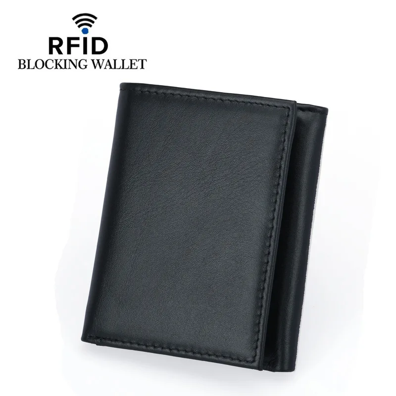 

RFID Protection Wallet For Men Male Genuine Real Leather Short Trifold Wallets Cowhide Casual Purse Plastic Credit Card Holder