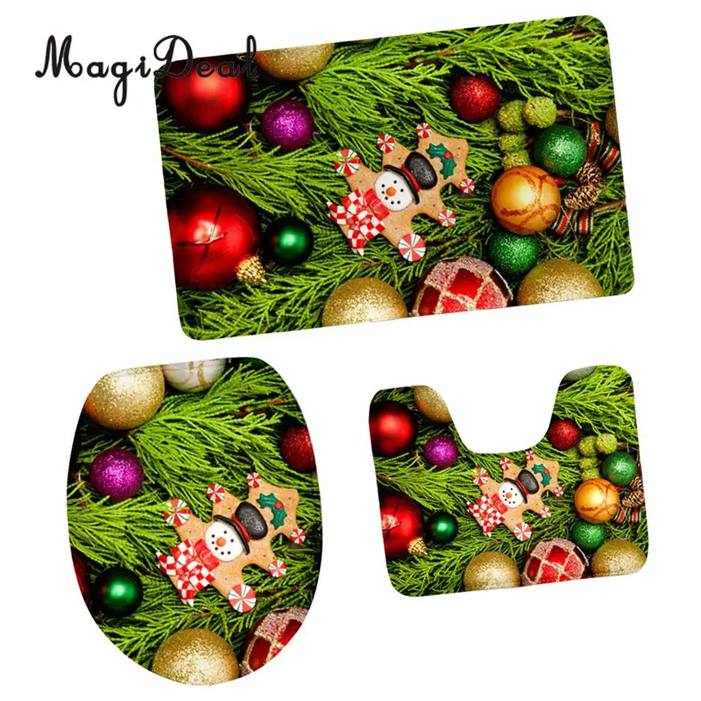 Non Slip Bath Rugs Set - Includes Bath Mat + Pedestal Rug + Toilet Lid Cover - Christmas Party Decoration Home Decor