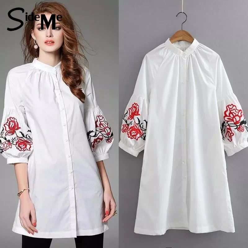 2017 Summer White Solid Stand Collar Floral Embroidered Ruffles Elegant Cotton Womens tops blouses femme Long shirt Puff Sleeves |