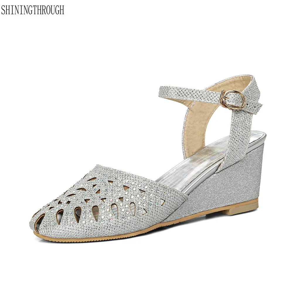 

Women Sandals 2018 Summer New Candy Color rouned Toe summer Shoes Woman Wedges Sandals gold silver