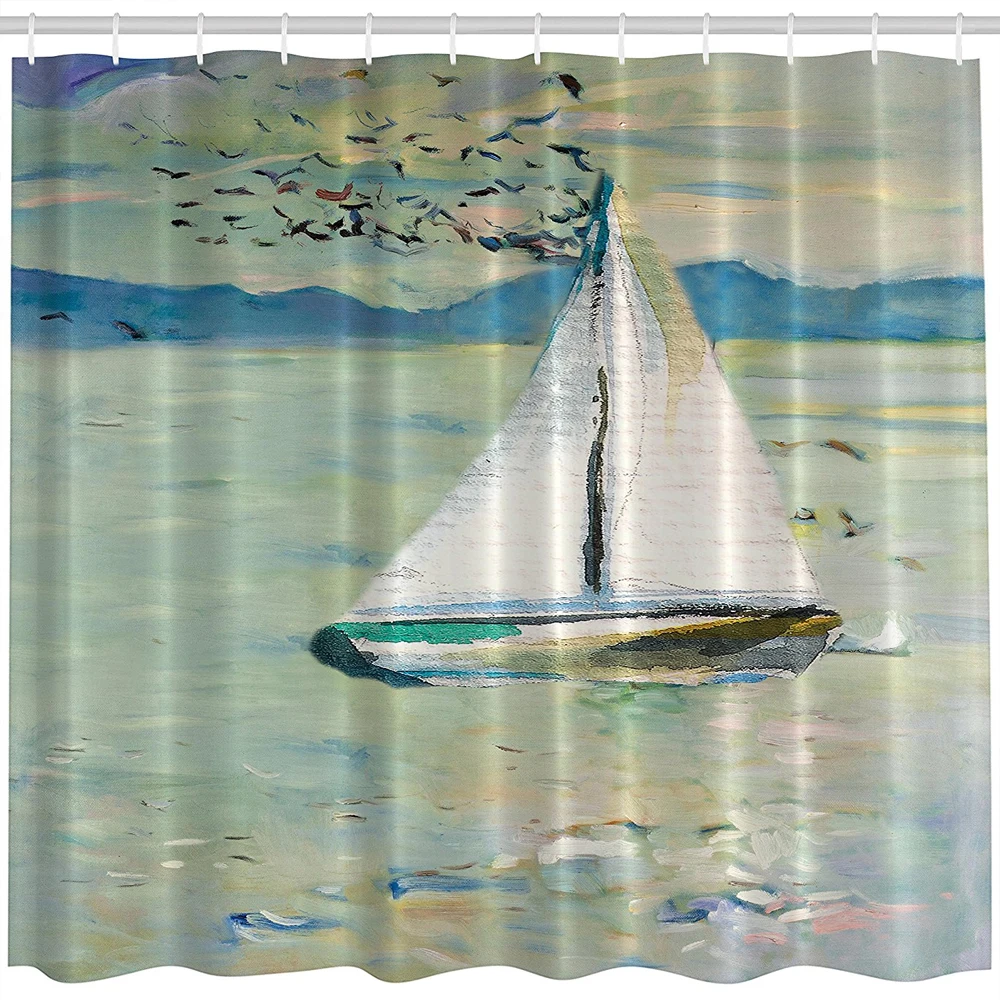 Art Shower Curtain Sailing Boat Yacht with Birds Watercolor