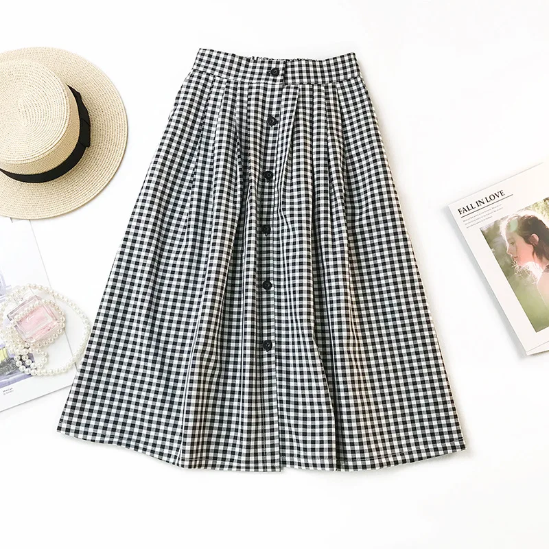 

Button Front Elastic Waist Plaid Skirt Checked Midi Skirt for Women Korean A Line Pleated Umbrella Circle Skirt with Pockets