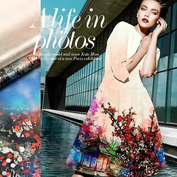 

118*120cm 19mm 93% silk & 7% spandex small red flower print silk satin fabric for dress shirt clothes 002