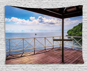 

Modern Decor Tapestry Balcony Porch Sea Ocean View in Trinidad and Tobago Island Tropic Photo Image Wall Hanging for Bedroom
