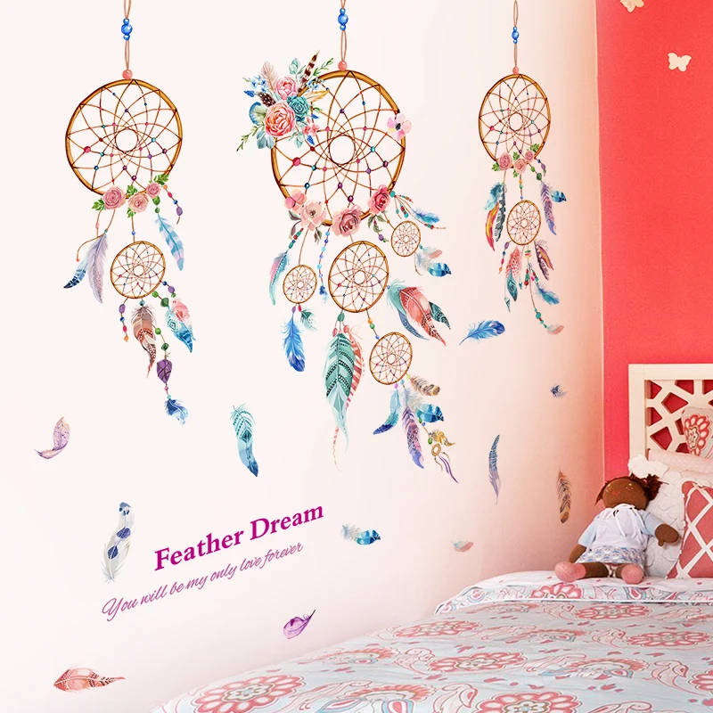

[shijuekongjian] Dreamcatcher Feathers Wall Sticker PVC Material DIY Cartoon Mural Decals for Kids Room Baby BedroomDecoration