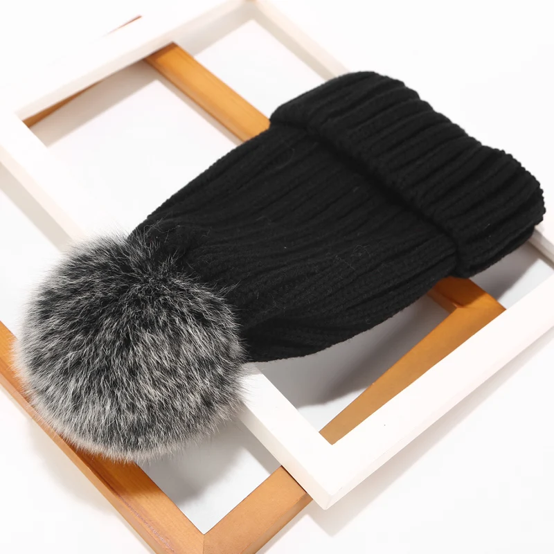 Real Fur Hat Knitted Real fox hair bulb Pom Pom Hat Women Winter Hat Unisex Kids Warm with wool Chunky Thick Stretchy Knit hat