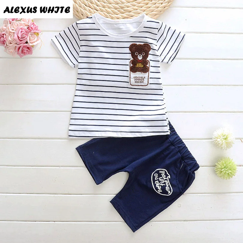 

2017 Baby Toddler 1-4Y Kids Summer Bear Children Clothing Sets Stripe Girl Clothes T-shirt Tops Pants Outfit Kids Boys Suit