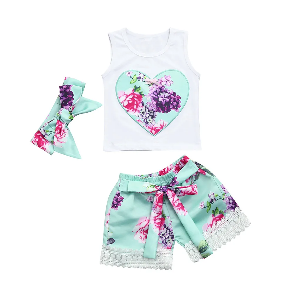 

Pure White Blouse Lace Printed Shorts Bow 3PCS Toddler Infant Baby Girls Floral Clothes Set Tops+Shorts+Headband Outfits F4