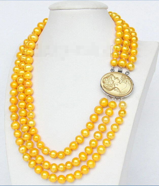

FREE shipping>>> >>>16" 3 Strand 9mm yellow FW pearls necklace cameo seashell clasp e2156 6.07