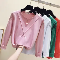 Kawaii выдалбливают футболка с длинным рукавом Футболка Для женщин Poleras де Mujer Moda 2018 хлопок корейский стиль женские футболки Vetement Femme