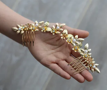 

Jonnafe Delicate Gold Floral Bridal Long Hair Comb Peals Jewelry Leaf Women Headpiece Wedding Party Prom Hair Accessories