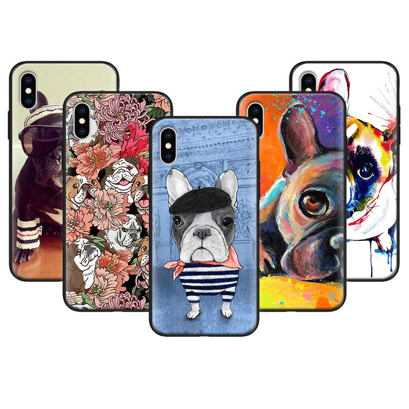 

French Bulldog with flower Case for Apple iPhone 7 8 Plus X XR XS MAX 5S SE 6 6S Plus Soft Silicone Black Coque Cover
