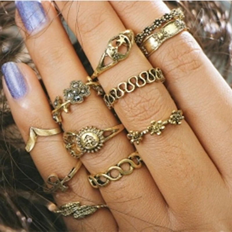 11/Set Vintage Punk Moon Sun Leaf Flower Carved Midi Finger Rings For Women Bohemian Knuckle Ring Set Crystal Jewelry Gifts | Украшения и