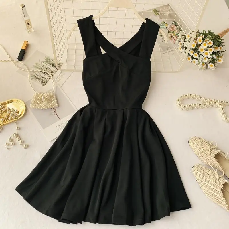 

2019 new fashion women's dresses French Vintage Sexy Cutout Cross V-neck Dress