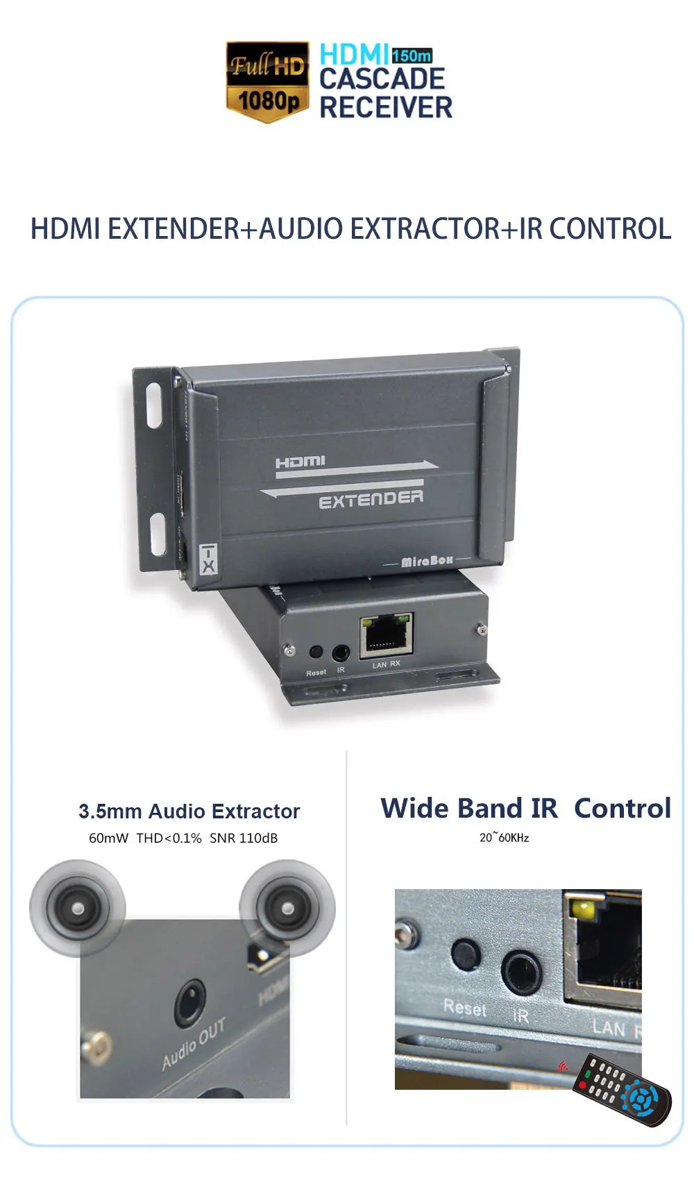 HSV891-IR Hdmi Extender ir over TCP/IP with Audio Extractor support 1080p cascade receivers HDMI extender ir by Rj45 Receiver RX