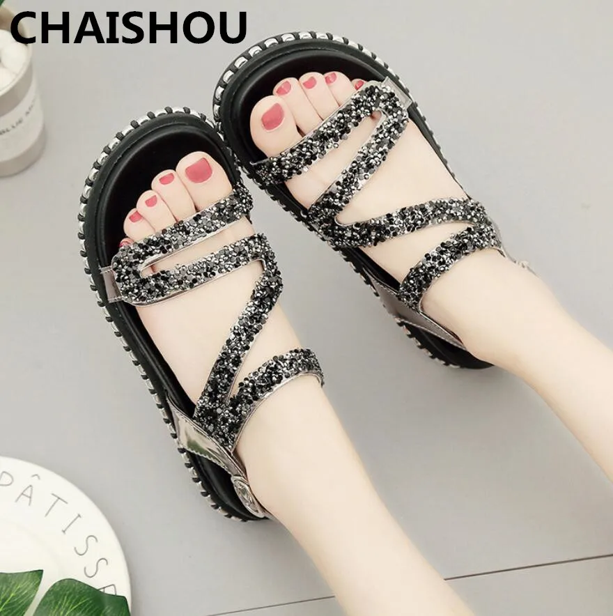 

CHAISHOU 2019 summer new Women Sandals Flat Casual Snacks Platform Waterproof Taichung with Student Sequined Women Shoes B-310