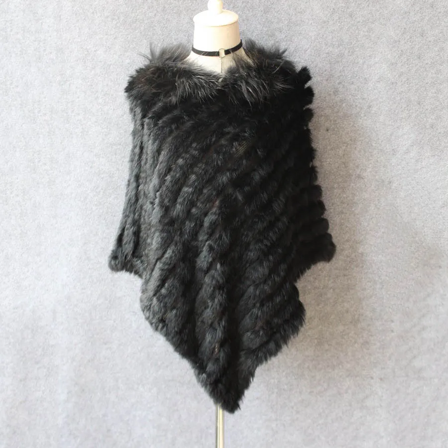 Подлинное Вязаное пончо из кроличьего меха с воротником из меха енота, шали и накидки из натурального меха, пуловер большого размера, весенние накидки для женщин