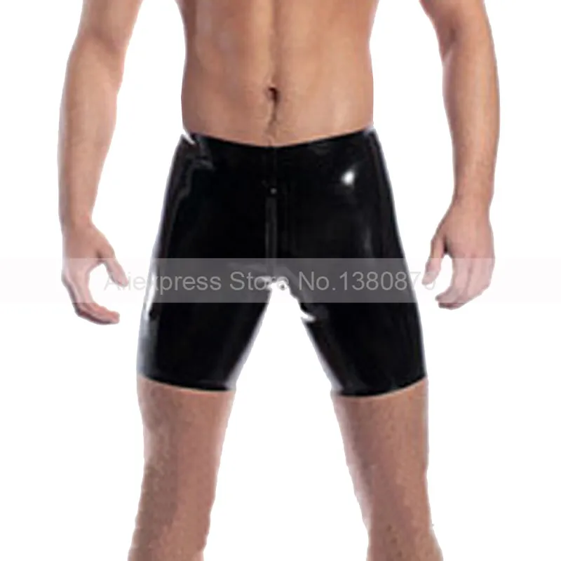 Latex Men Boxer Shorts With Ucrotch Zipper Sexy Rubber Male Five Pants